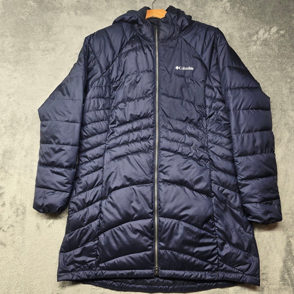 Columbia Long Puffer Parka Jacket Womens XL Navy Blue Hooded Quilted Pockets